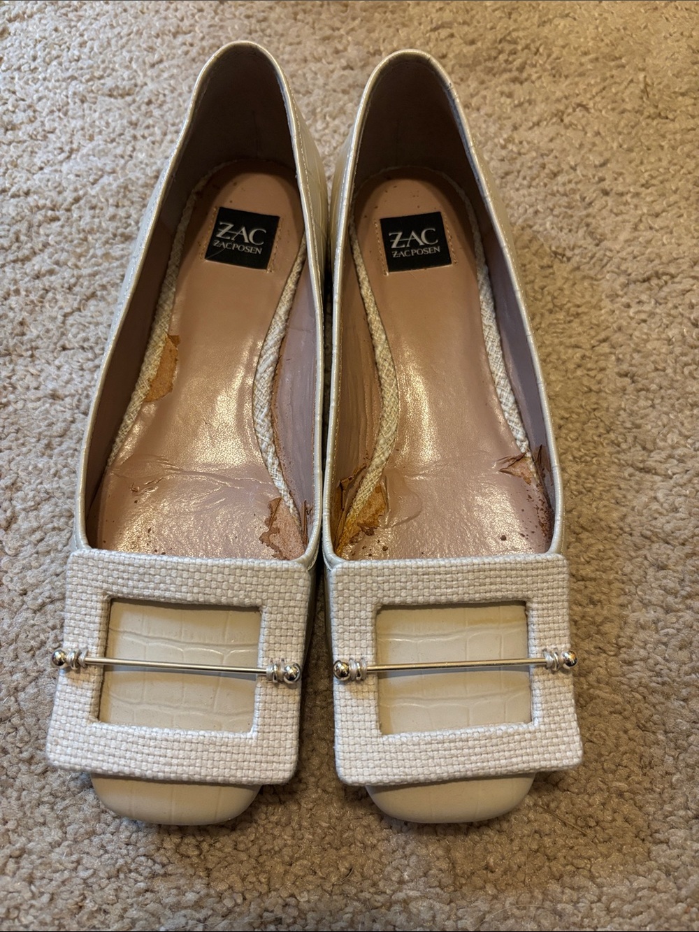 ZAC Zac Posen Ivory Square Buckle Ballet Flats